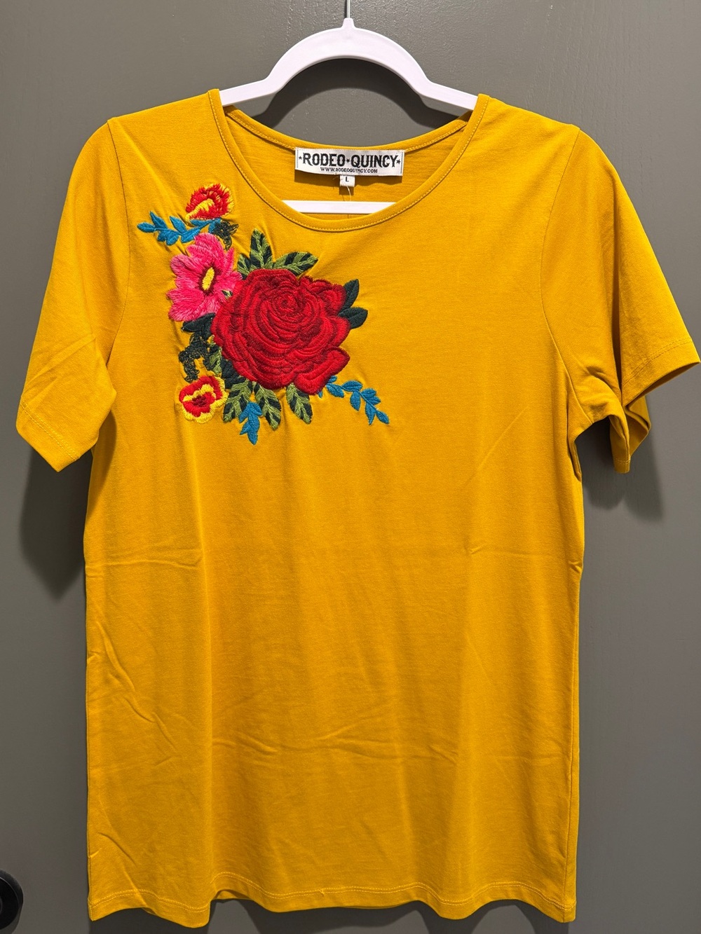 Rodeo Quincy Mustard Short Sleeve Tee with Embroidered Floral Accent